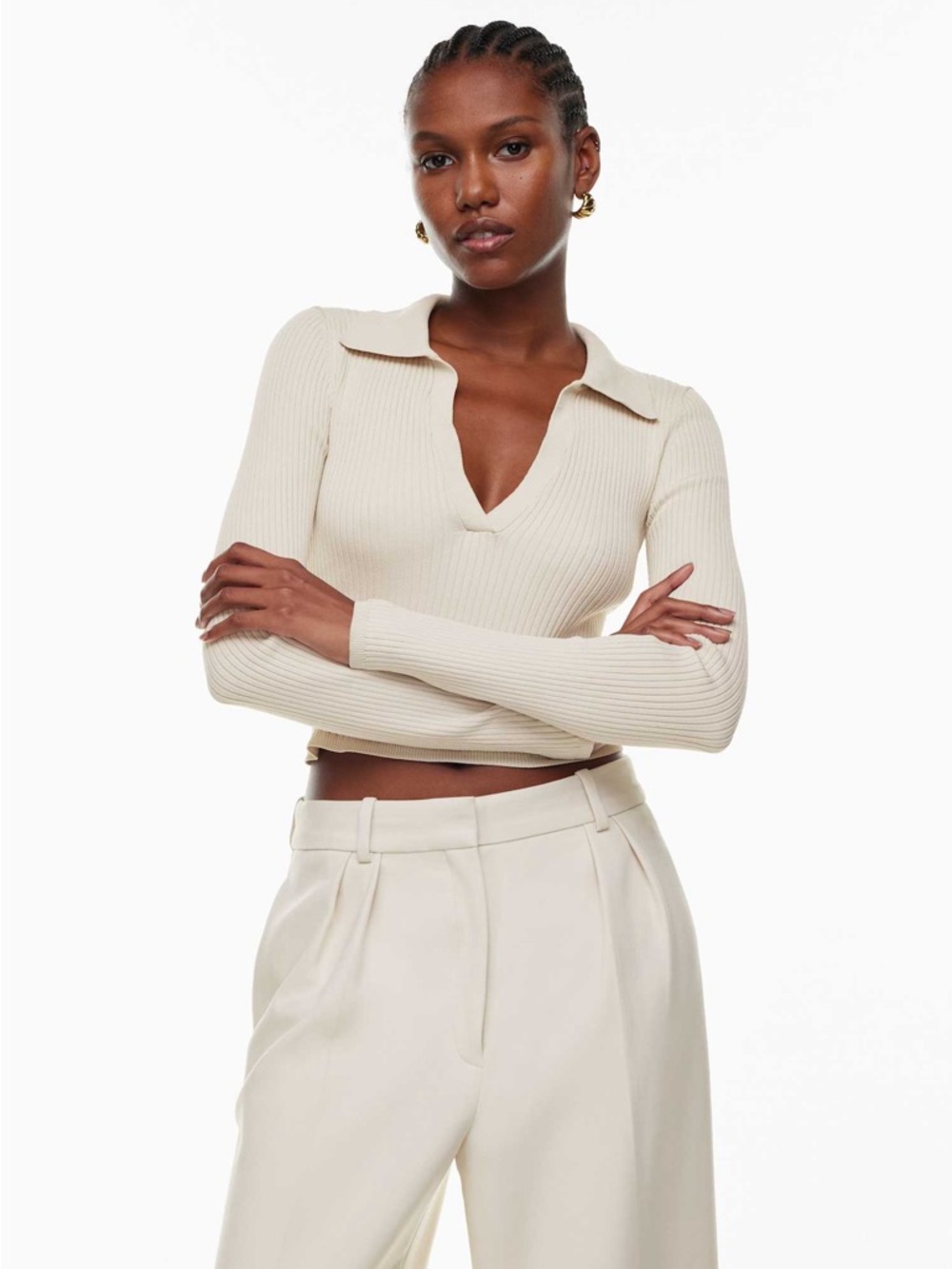 Aritzia Babaton Sculpt Knit Polo Longsleeve - Matte Pearl